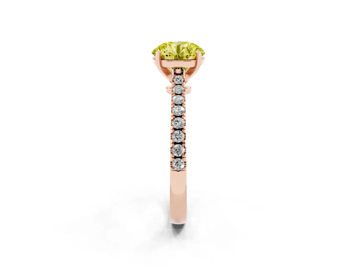 Fancy Yellow Round Cut Cut Solitaire Diamond Engagement Ring with Pave Band and Four-Prong Setting Rose gold