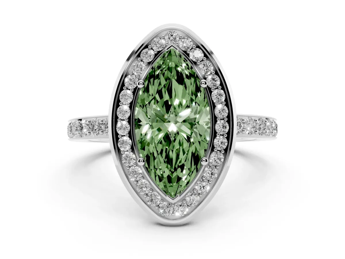 Fancy Green Marquise Cut Diamond Halo Ring with Bezel Frame and Pavé Band Silver