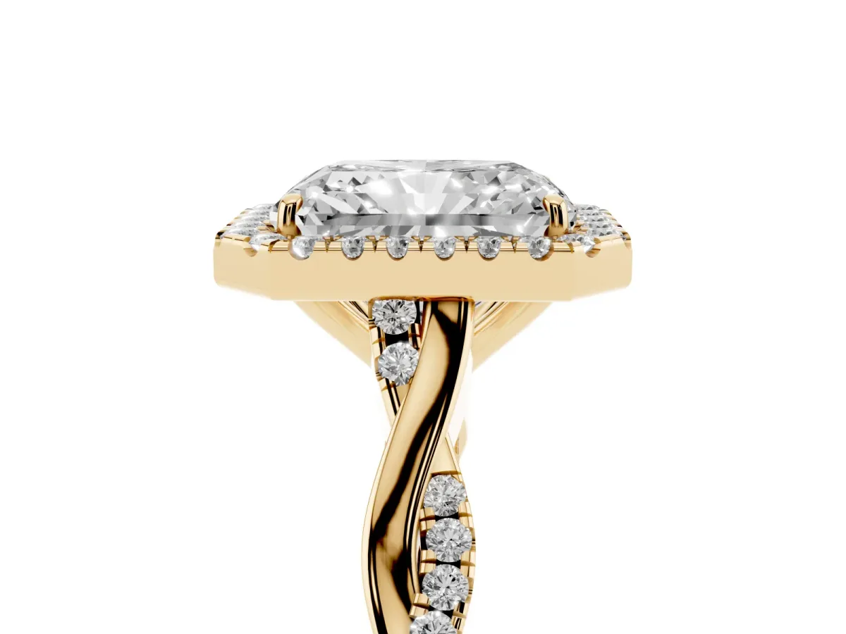 Radiant Cut Halo Twist Band Solitaire Ring Yellow gold