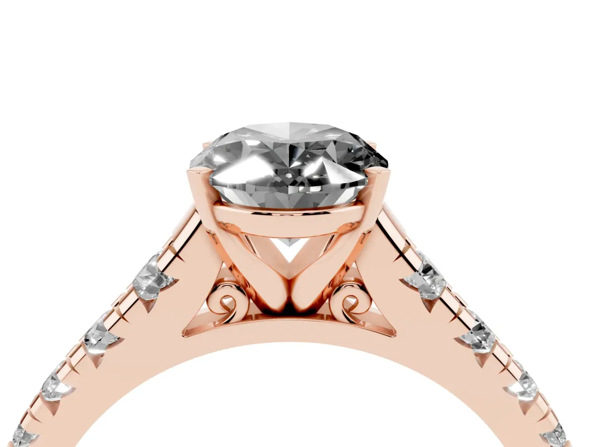 Fancy Black Oval Cut Diamond Cathedral Solitaire Ring with Round Pavé Band Rose gold