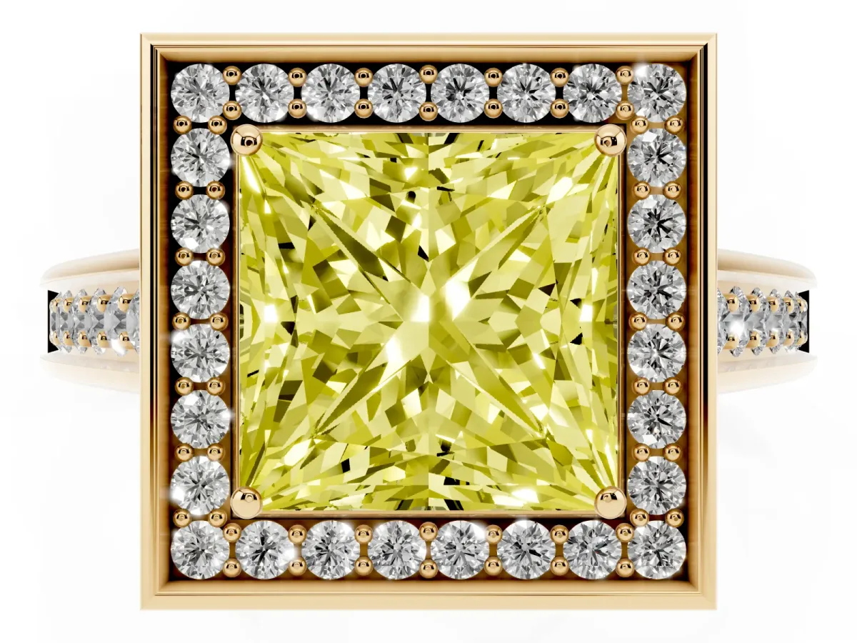 Fancy Yellow Princess Cut Halo Solitaire Diamond Ring with Pave Band and Bezel Setting Yellow gold