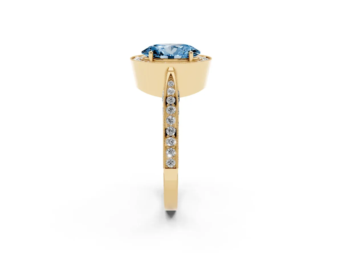 Fancy Blue Oval Cut Halo Diamond Engagement Ring with Split Shank Band and Four-Prong Setting Yellow gold