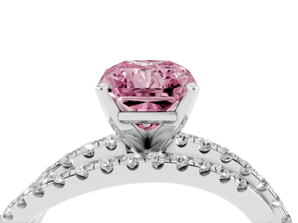Fancy Pink Radiant Cut Solitaire Twist Band with Pavé Setting and Four-Prong Setting Silver