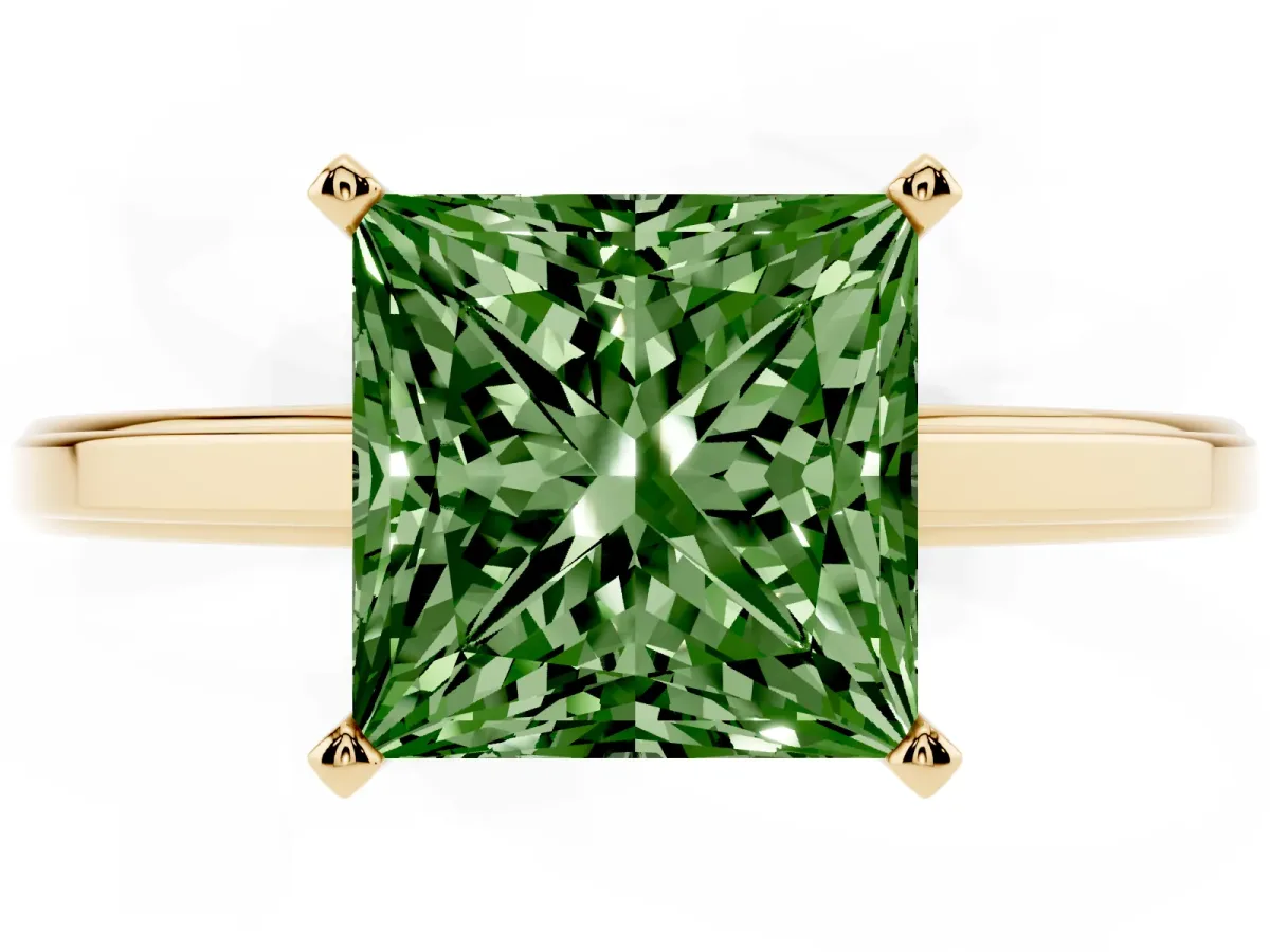 Fancy Green Princess Cut Solitaire Diamond Ring with Four-Prong Setting and Classic Band Yellow gold