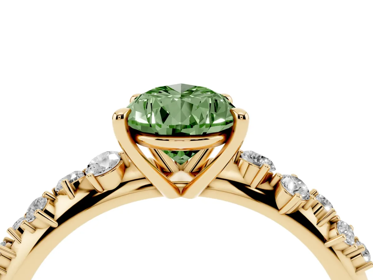 Fancy Green Pear Cut Diamond Cluster Side Stone Solitaire Ring with Prong Setting Yellow gold