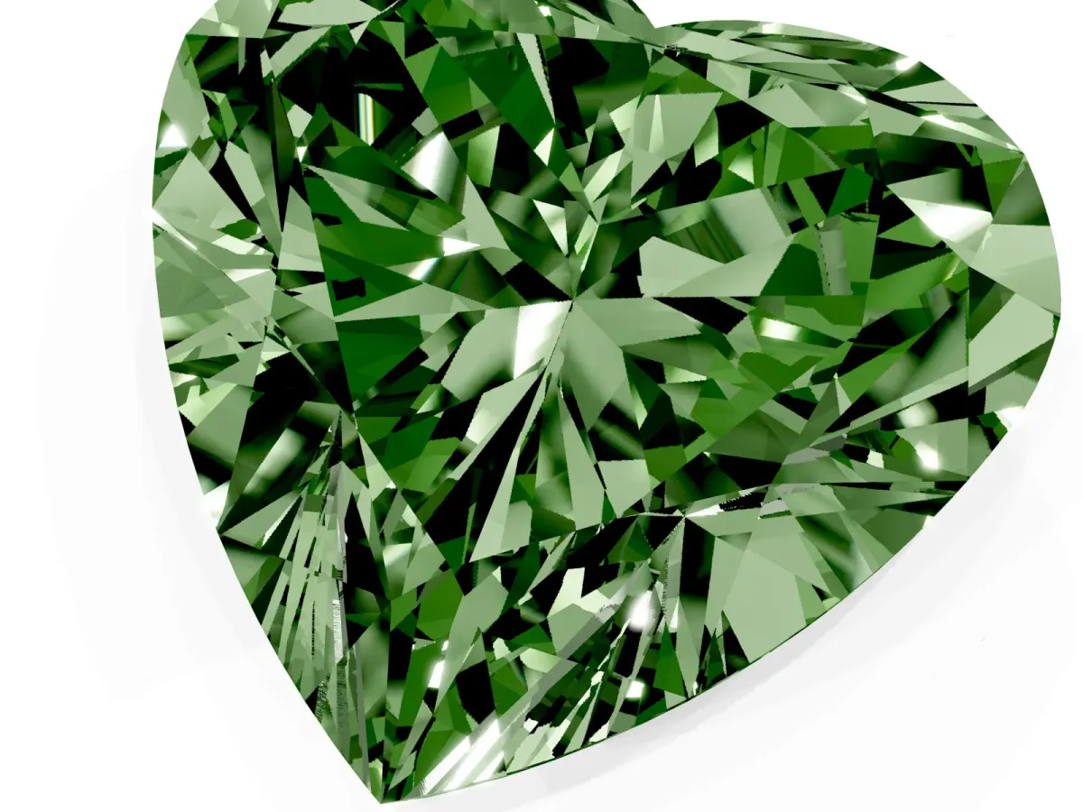 Fancy Green Heart Cut Cut Double Halo Diamond Engagement Ring with Pave Band and Four-Prong Setting White gold