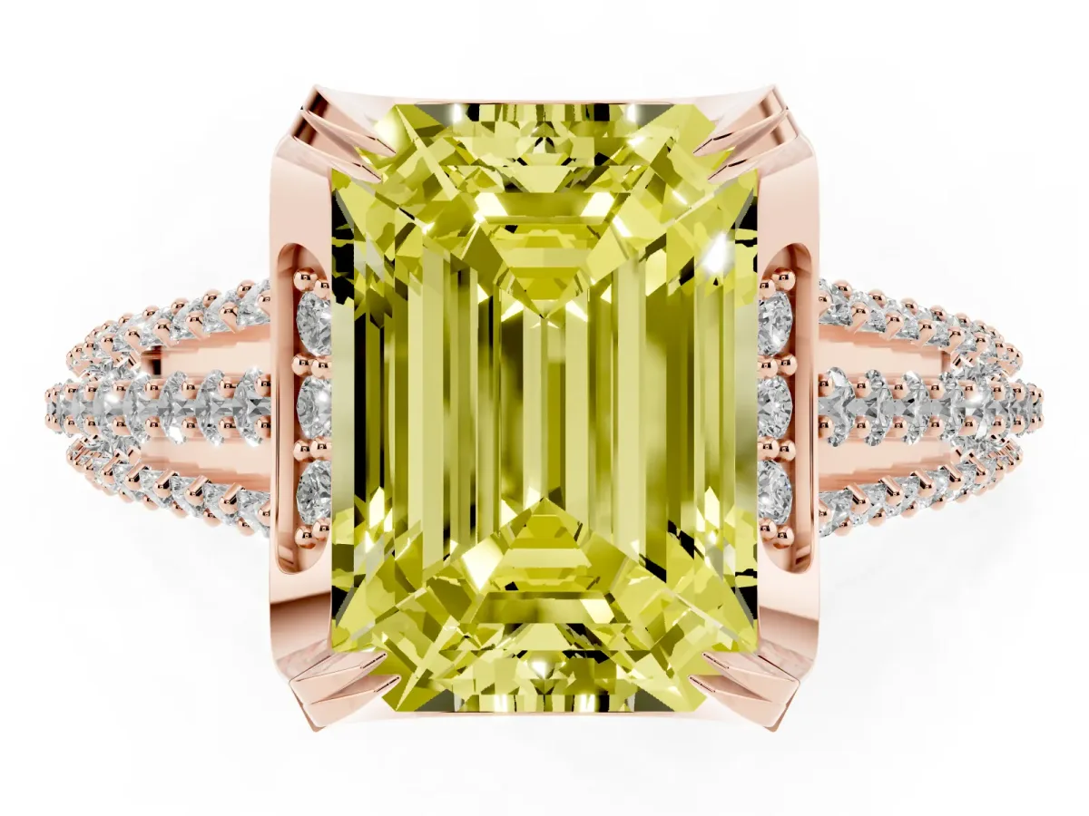 Fancy Yellow Emerald Cut Solitaire Pave Split Shank Ring with Four-Prong Setting Rose gold