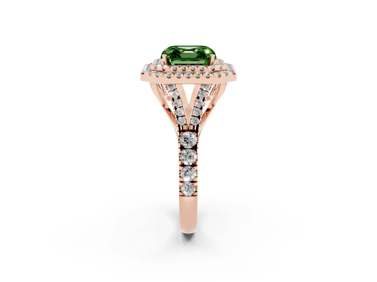 Fancy Green Asscher Cut Diamond Pavé Split Shank Double Halo Engagement Ring Rose gold