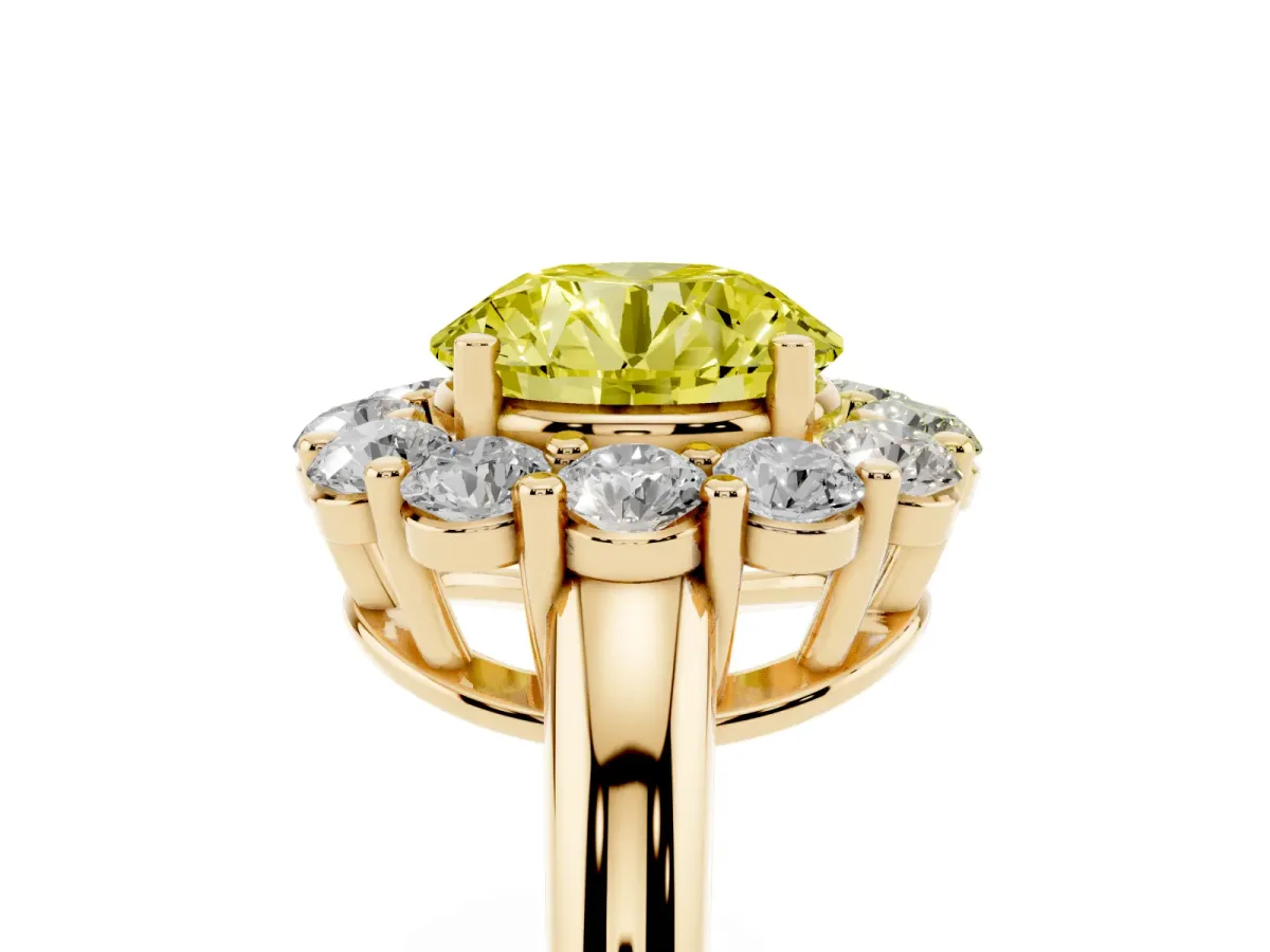 Fancy Yellow Round Cut Halo Cluster Diamond Engagement Ring with Prong Setting and Polished Band Yellow gold