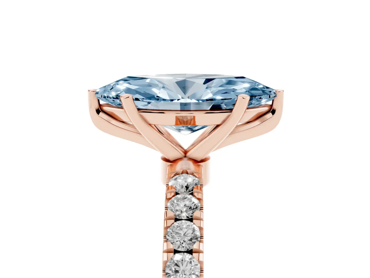 Fancy Blue Marquise Cut Diamond Solitaire Ring with Pavé Accents and Four-Prong Setting Rose gold