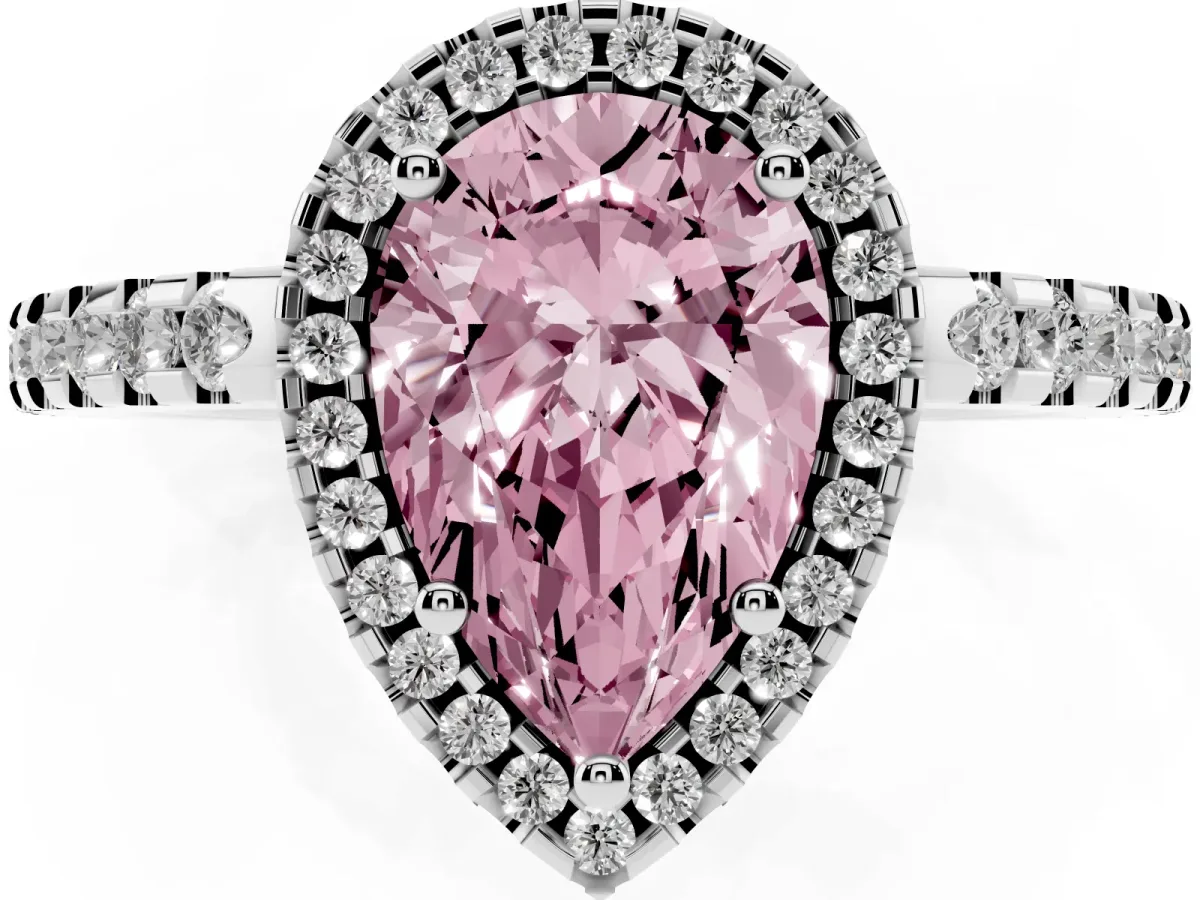 Fancy Pink Pear Cut Diamond Halo Engagement Ring with Pavé Band and Prong Setting Silver