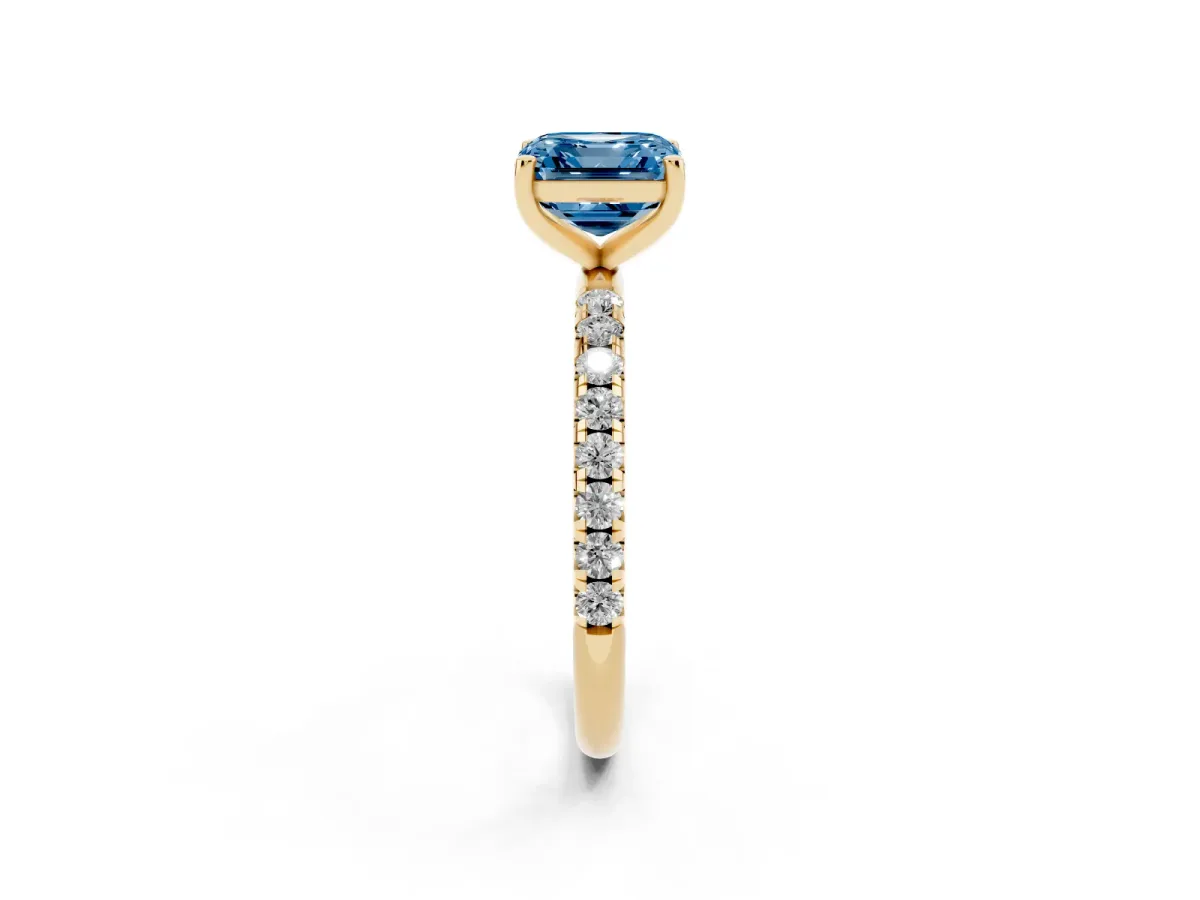 Fancy Blue Asscher Cut Cut Diamond Solitaire Ring with Micro Pave Band and Four Prong Setting Yellow gold