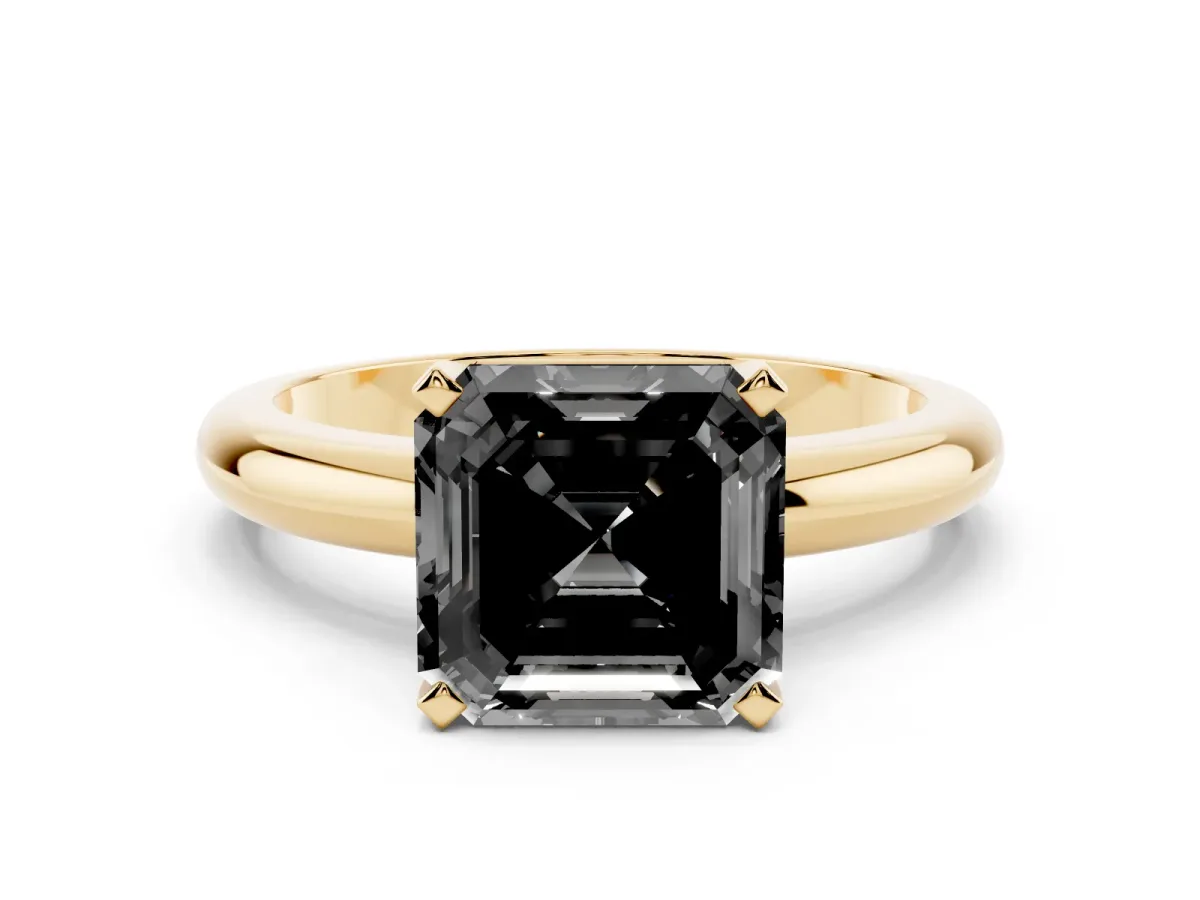 Fancy Black Asscher Cut Diamond Solitaire Engagement Ring with Round Band and Four-Prong Setting Yellow gold