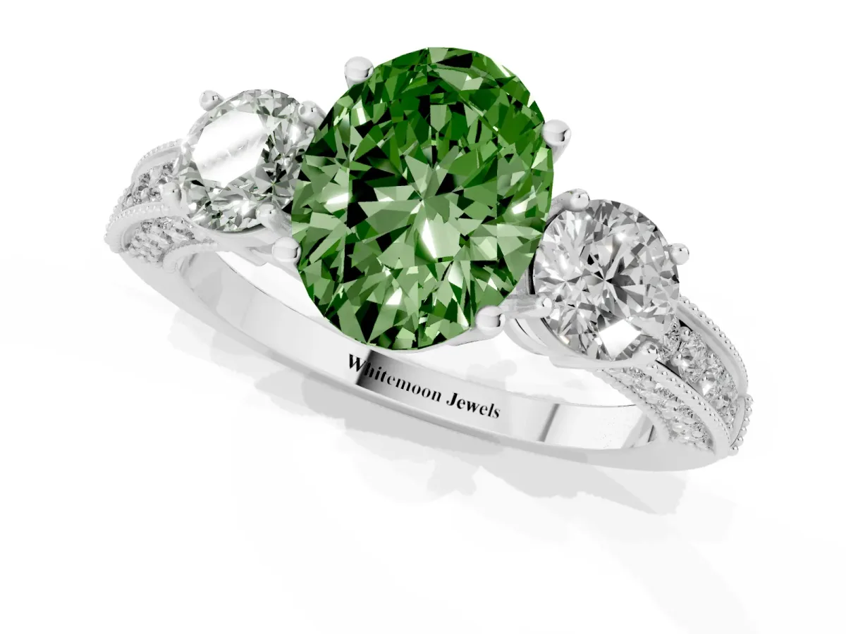 Fancy Green Oval Cut Three-Stone Diamond Ring with Pavé Band and Four-Prong Setting Silver