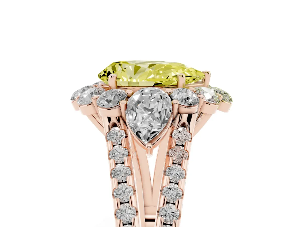 Fancy Yellow Pear Cut Halo Split Shank Diamond Engagement Ring with Prong Setting Rose gold