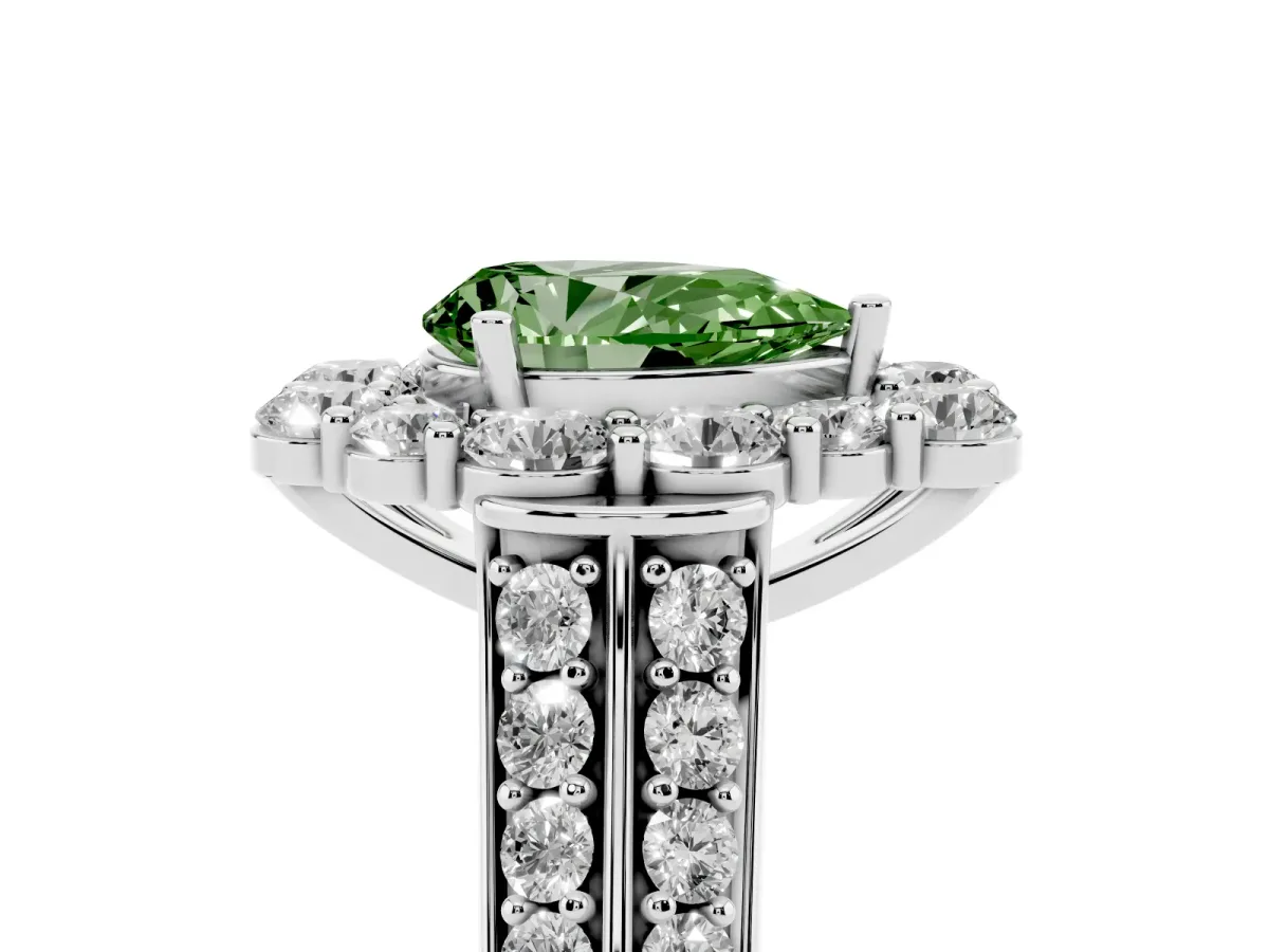 Fancy Green Pear Cut Halo Diamond Engagement Ring with Split Shank and Prong Setting Silver
