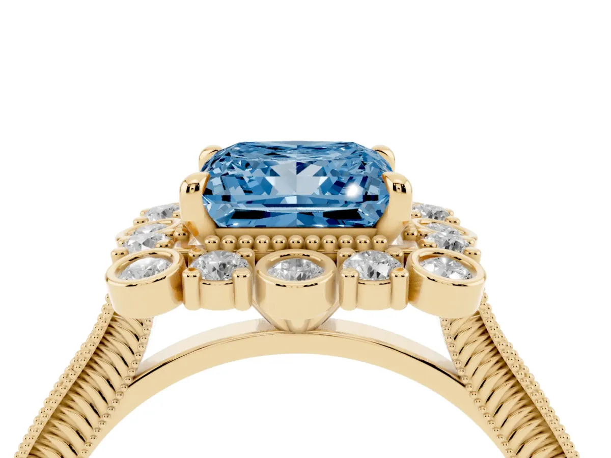 Fancy Blue Princess Cut Halo Milgrain Pave Diamond Ring with Four-Prong Setting Yellow gold