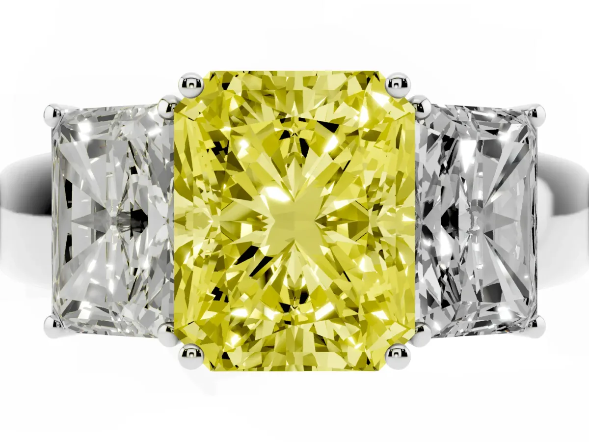Fancy Yellow Three-Stone Radiant Cut Cut Diamond Ring with Prong Setting and Classic Band Silver