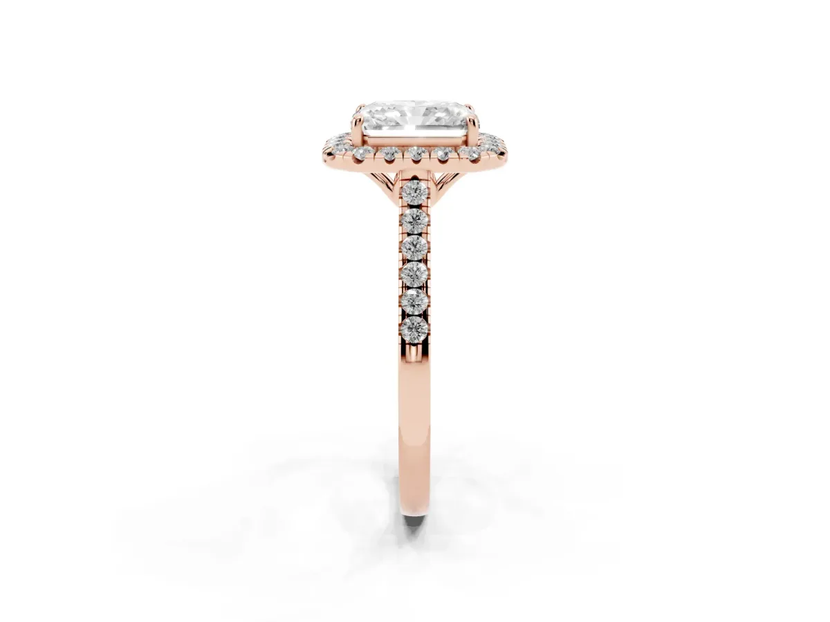 Radiant Cut Halo Pavé Diamond Engagement Ring with Four-Prong Setting Rose gold
