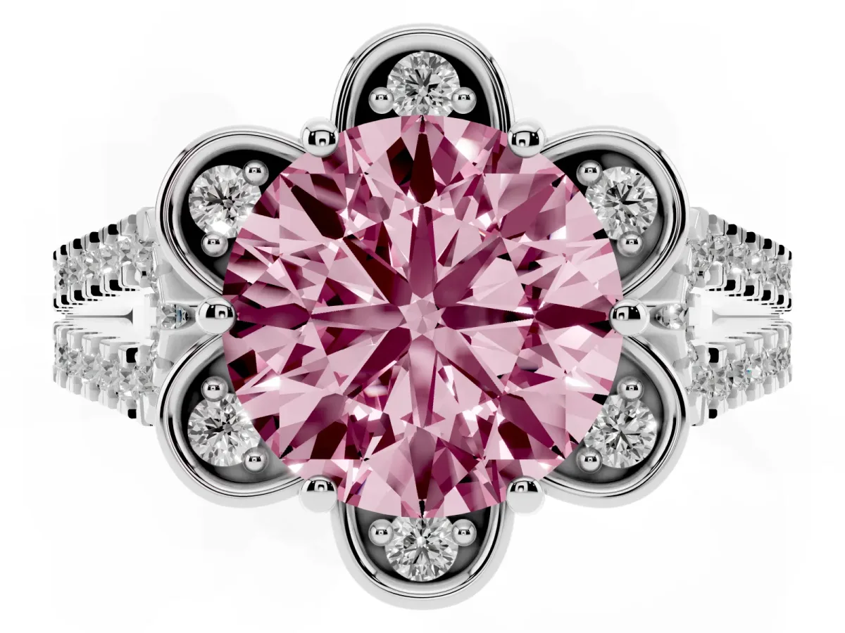 Fancy Pink Round Cut Halo Diamond Floral Split Shank Engagement Ring Silver