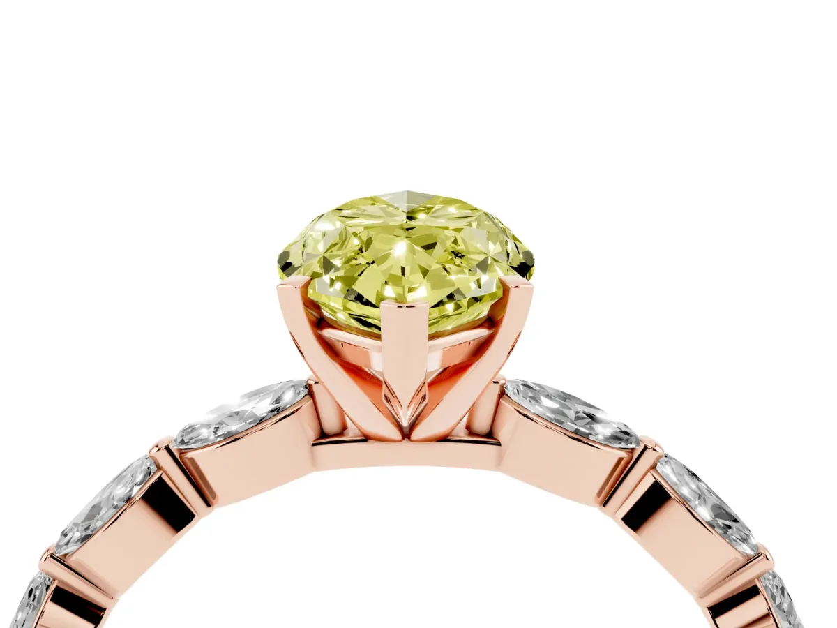 Fancy Yellow Marquise Cut Diamond Ring with Marquise Side Stones and Prong Setting Rose gold