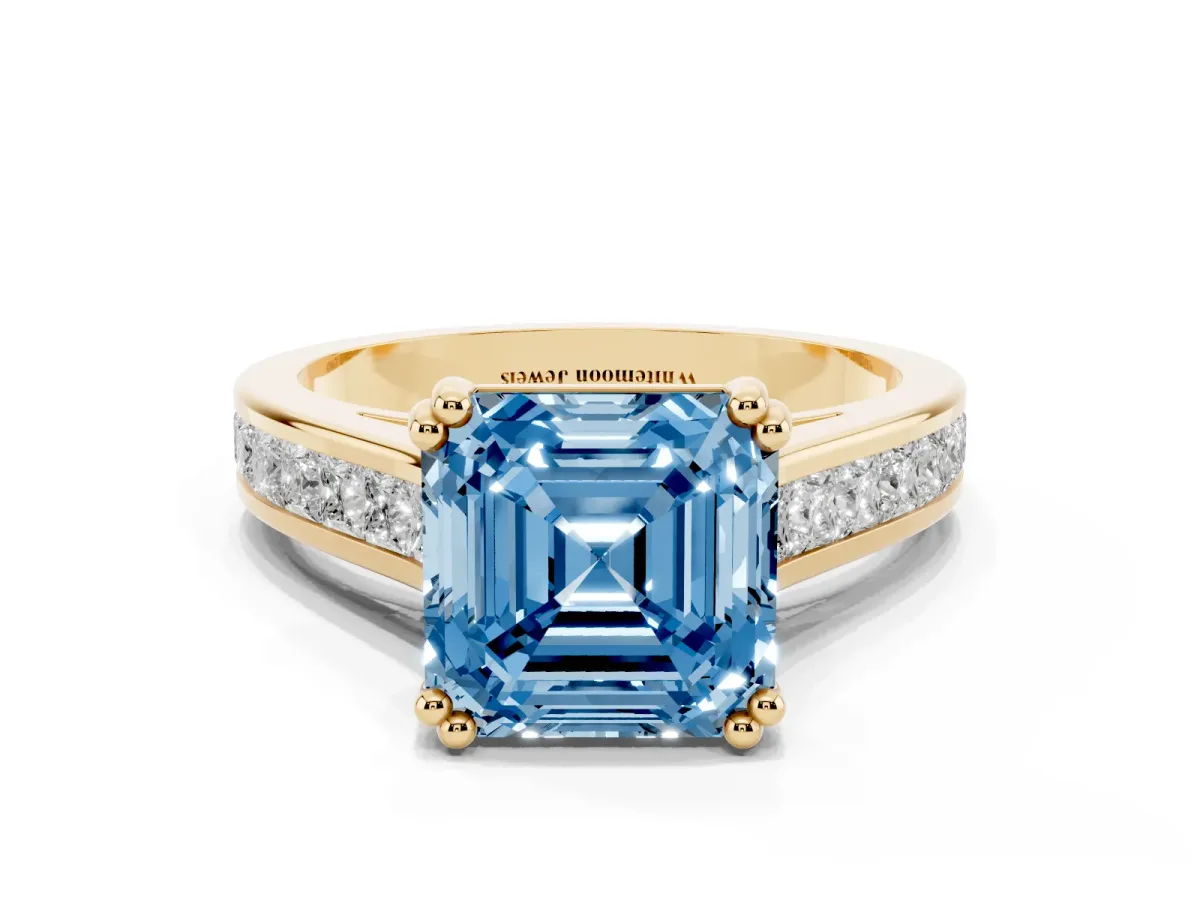 Fancy Blue Asscher Cut Cut Channel Set Solitaire Engagement Ring with Prong Setting Yellow gold