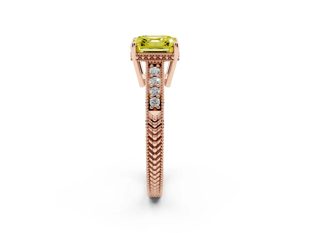 Fancy Yellow Asscher Cut Solitaire Pavé Diamond Milgrain Engagement Ring with Four-Prong Setting Rose gold