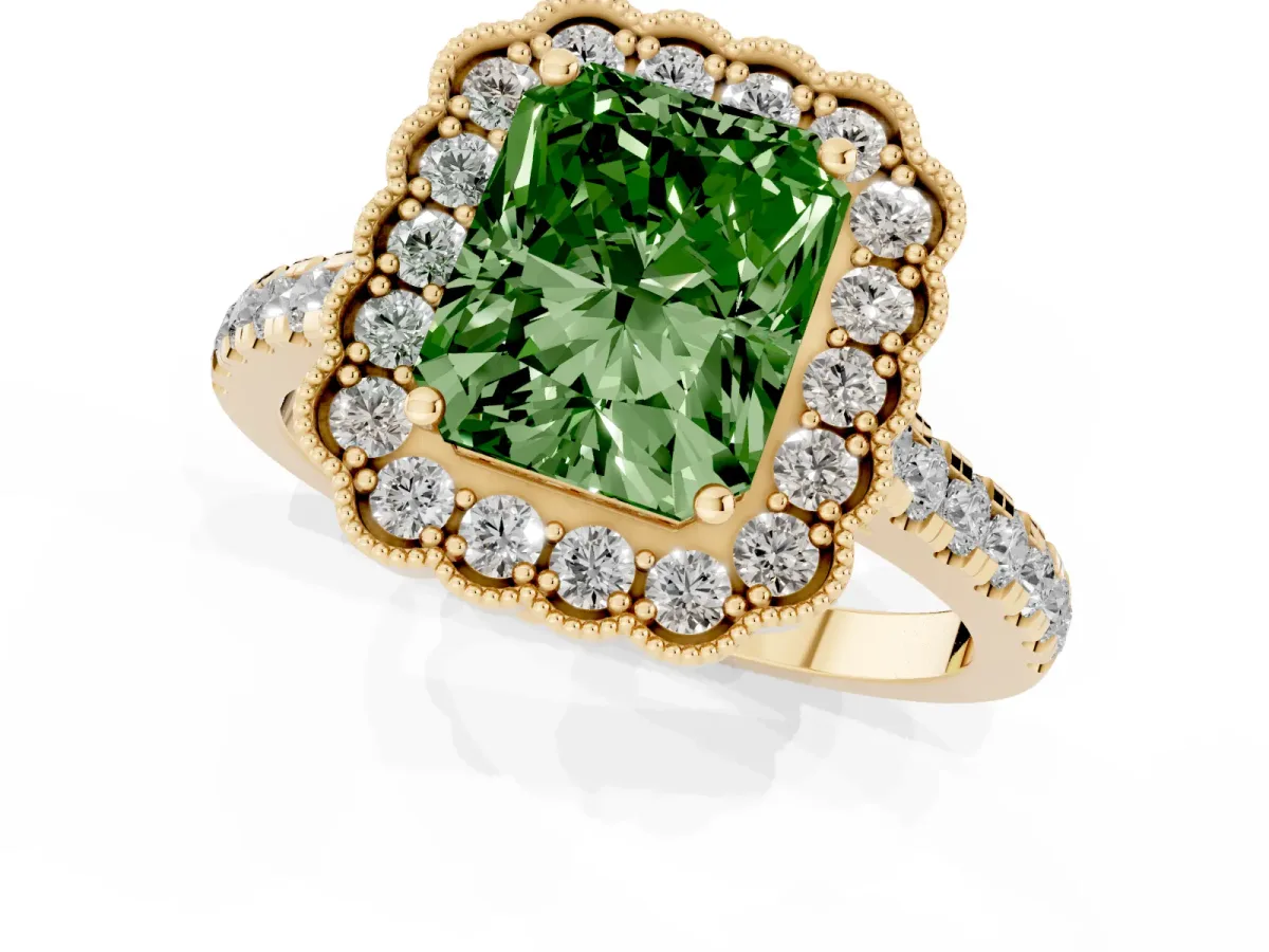 Fancy Green Radiant Cut Cut Diamond Milgrain Floral Halo Engagement Ring with Pavé Band Yellow gold