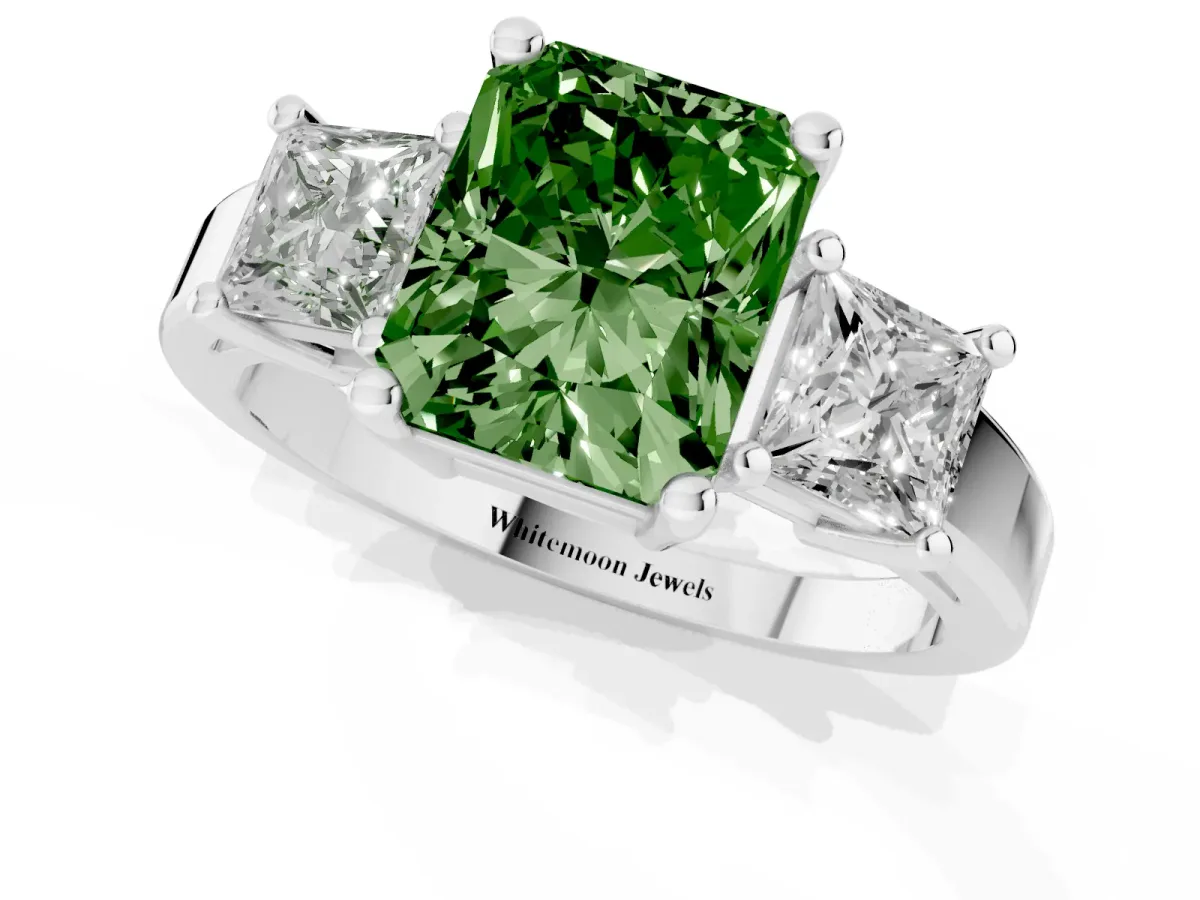 Fancy Green Three-Stone Radiant Cut Cut Solitaire Ring with Prong Setting Silver