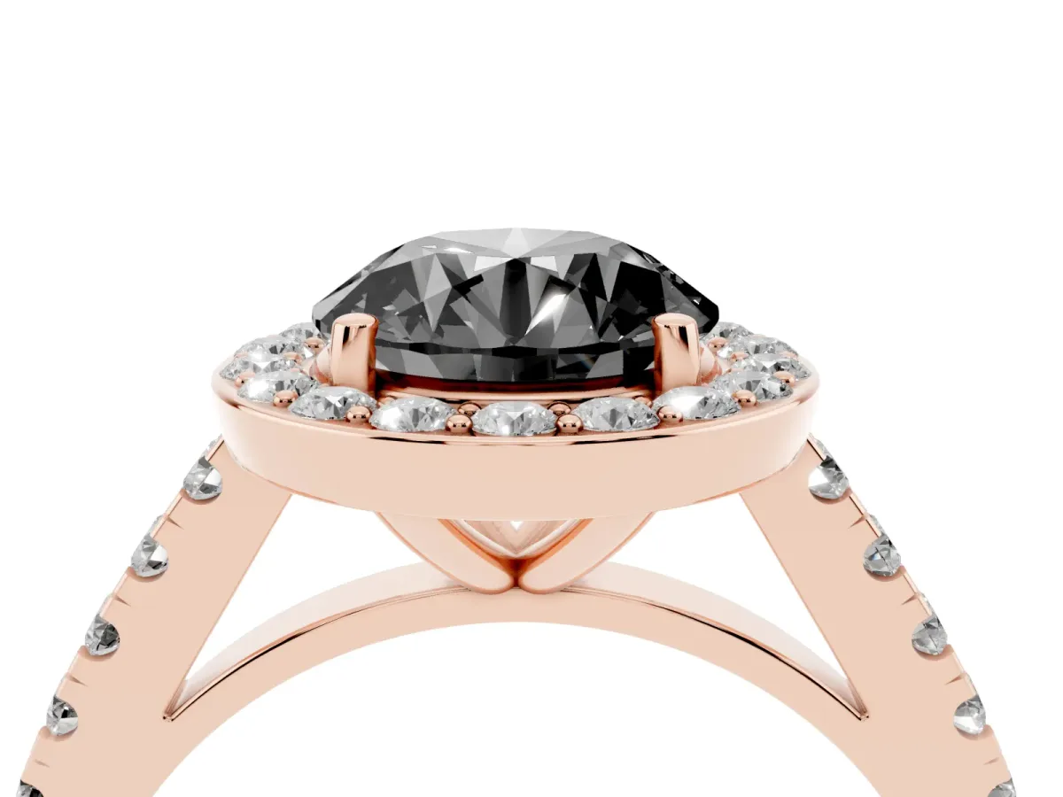 Fancy Black Round Cut Diamond Halo Ring with Round Pavé Split Shank and Prong Setting Rose gold