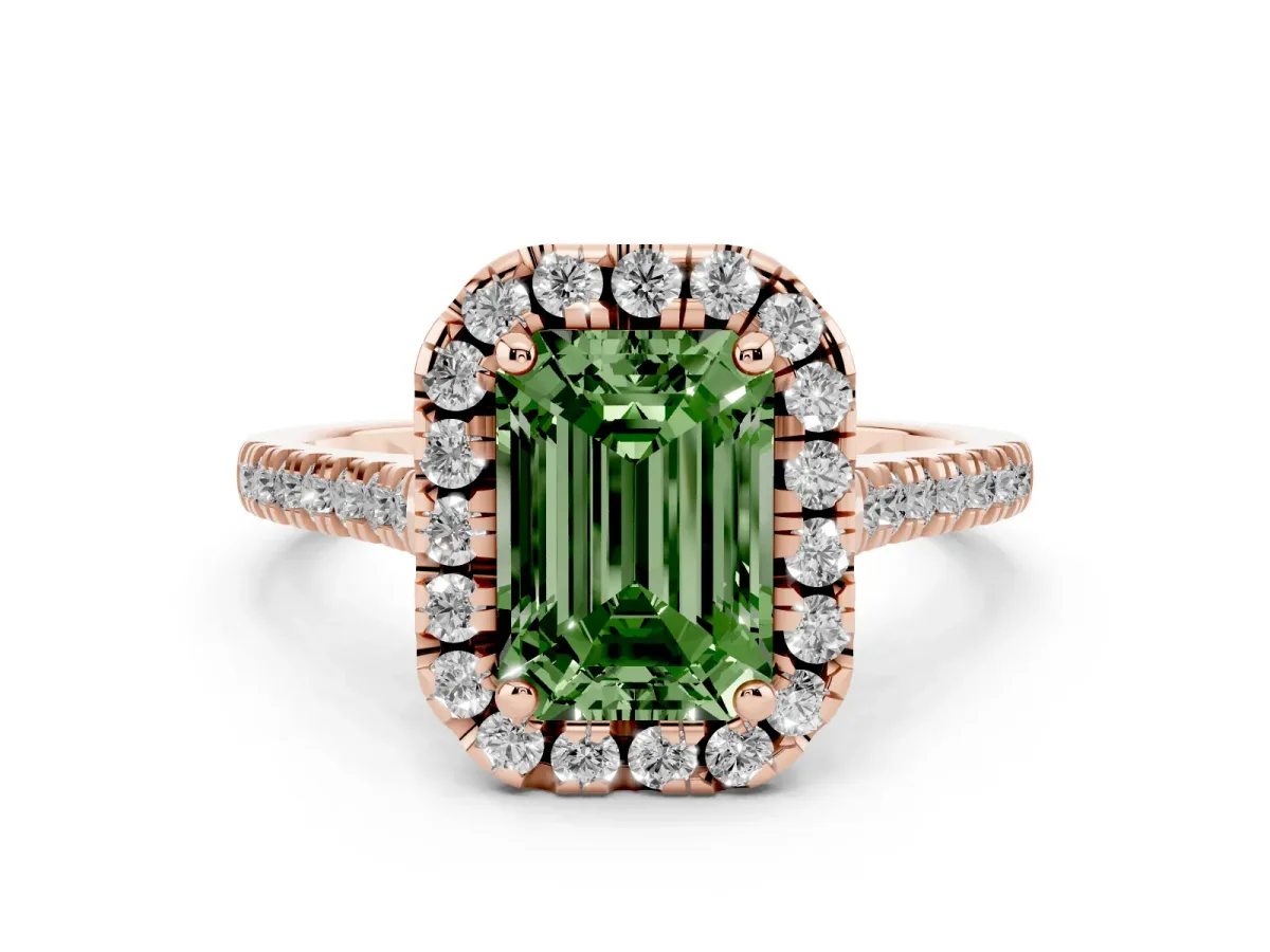 Fancy Green Emerald Cut Diamond Cushion Halo Ring with Pavé Band Rose gold