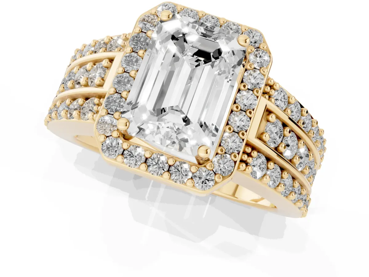 Emerald Cut Halo Diamond Ring with Round Split Shank and Prong Setting Yellow gold