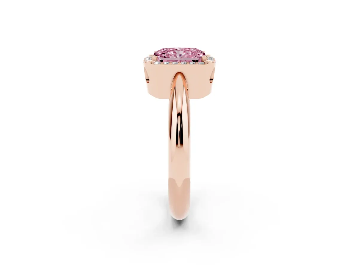 Fancy Pink Radiant Cut Cut Diamond Halo Engagement Ring with Split Shank and Four-Prong Setting Rose gold