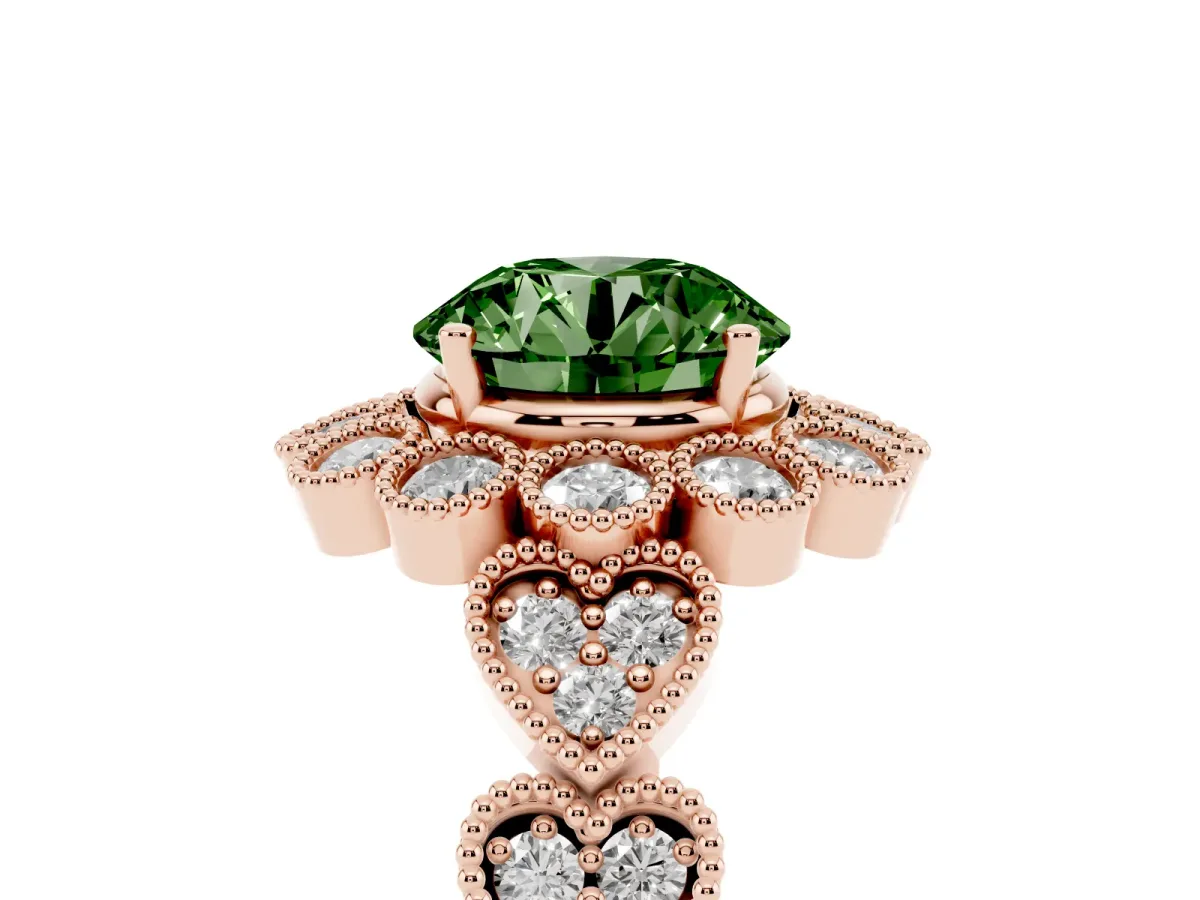 Fancy Green Round Cut Brilliant Milgrain Pave Heart Band Solitaire Ring Rose gold