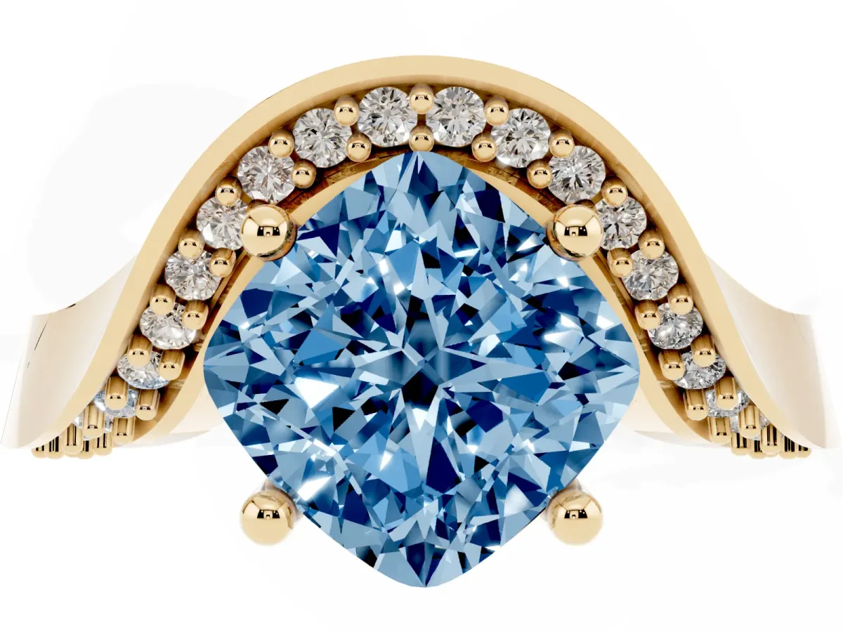 Fancy Blue Cushion Cut Solitaire Diamond Engagement Ring with Pave Band and Four-Prong Setting Yellow gold