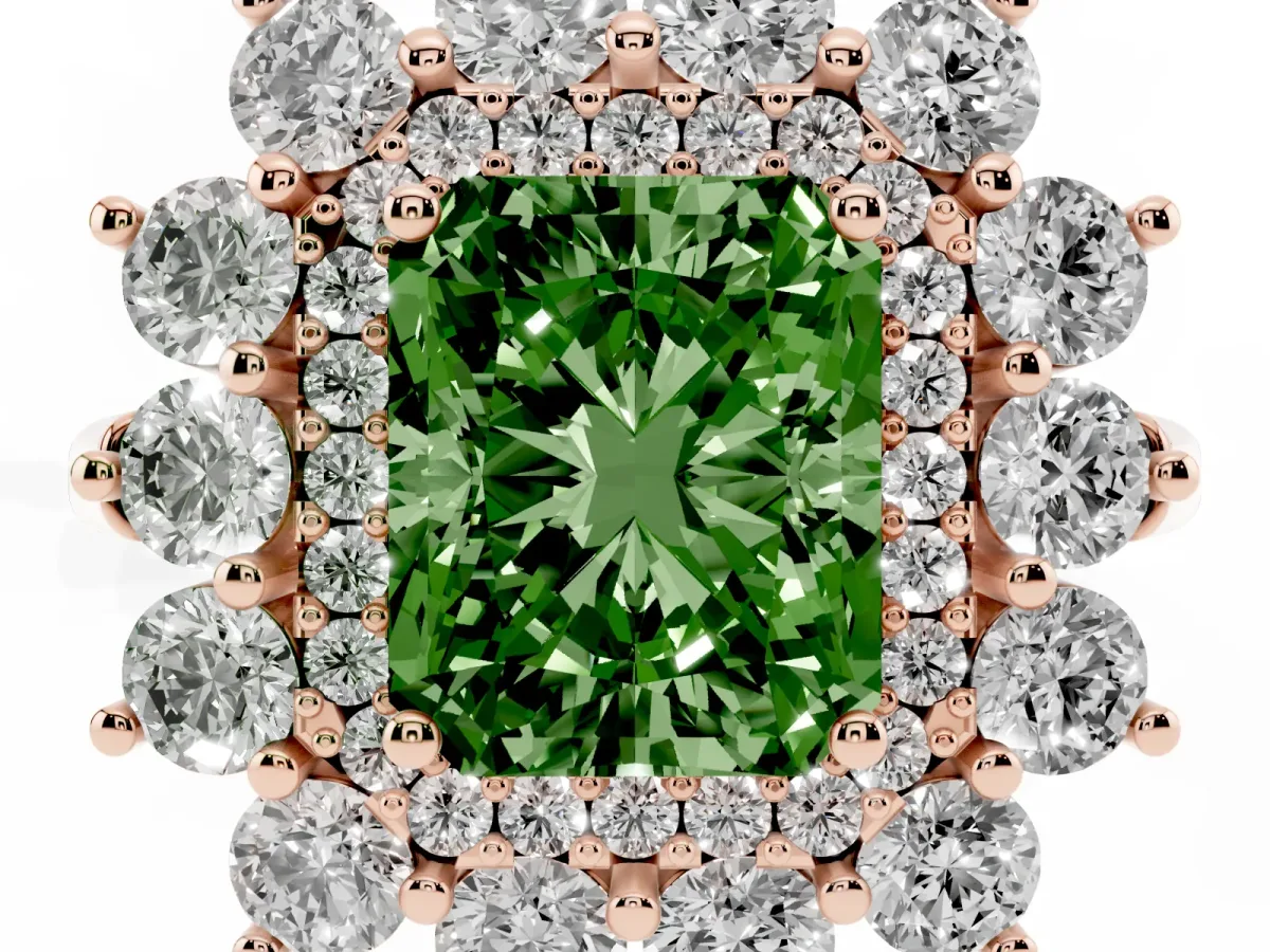 Fancy Green Radiant Cut Diamond Floral Double Halo Engagement Ring with Prong Setting Rose gold