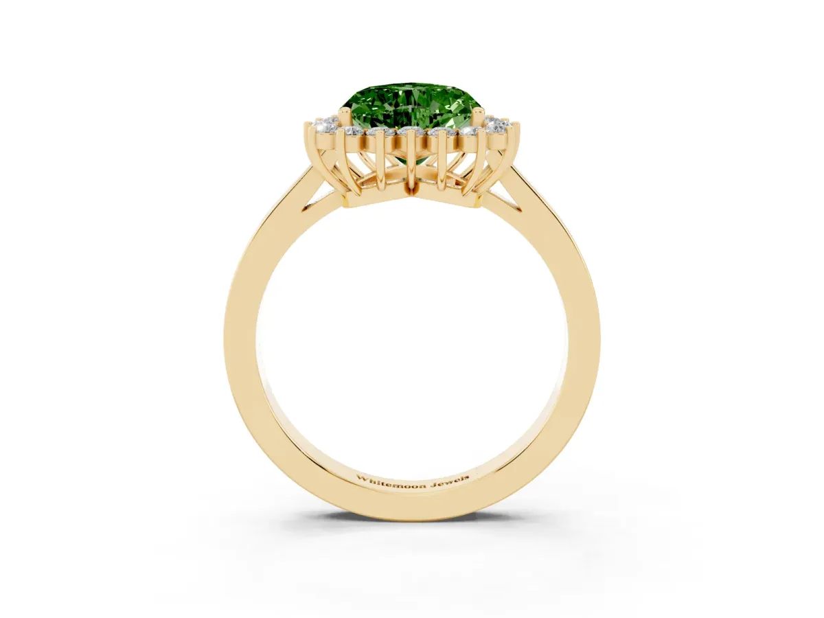 Fancy Green Heart Cut Cut Diamond Halo Ring with Round Brilliant Halo and Solitaire Band Yellow gold