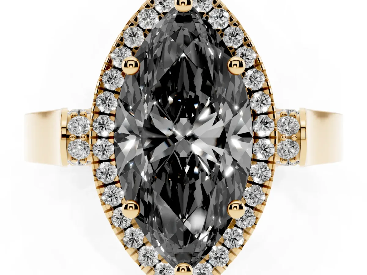 Fancy Black Marquise Cut Halo Round Diamond Twist Band with Four-Prong Setting Yellow gold