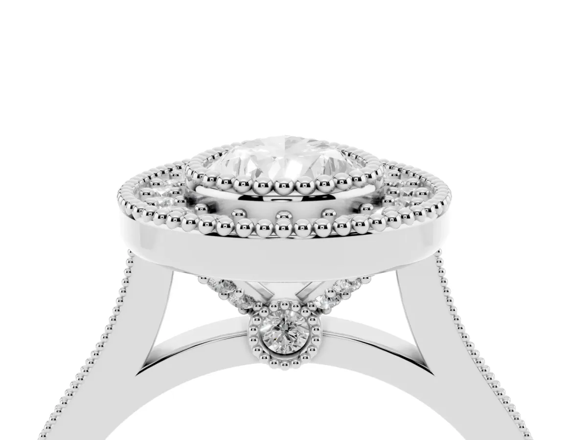 Pear Cut Diamond Halo Ring with Milgrain Frame and Pavé Band Silver