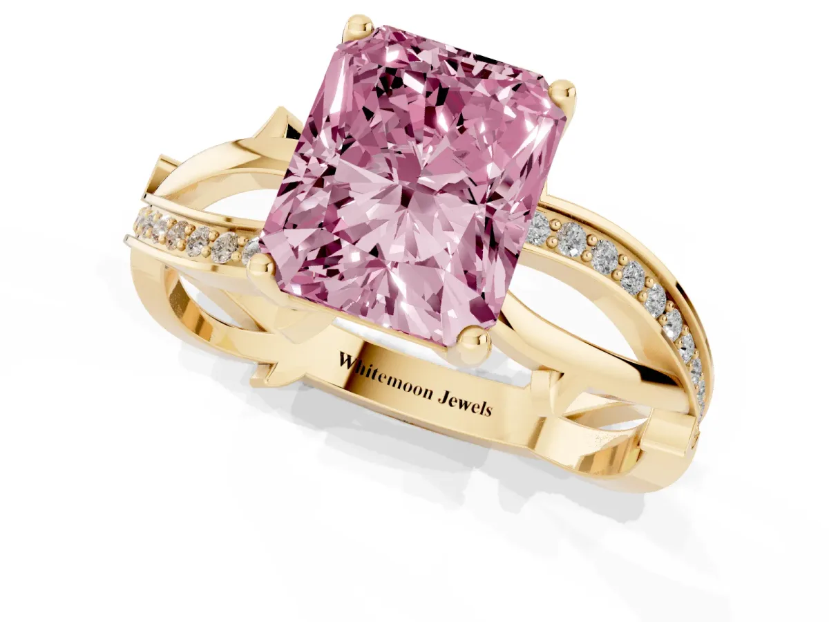 Fancy Pink Radiant Cut Solitaire Twist Band with Pavé Accents and Four-Prong Setting Yellow gold