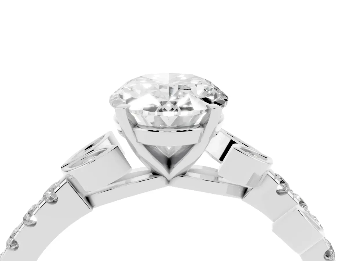 Oval Cut Solitaire Leaf-Inspired Diamond Ring with Pavé Band and Four-Prong Setting Platinum