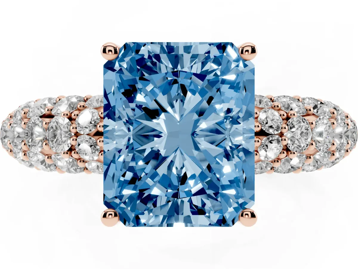 Fancy Blue Radiant Cut Diamond Pavé Band Solitaire Ring with Four-Prong Setting Rose gold