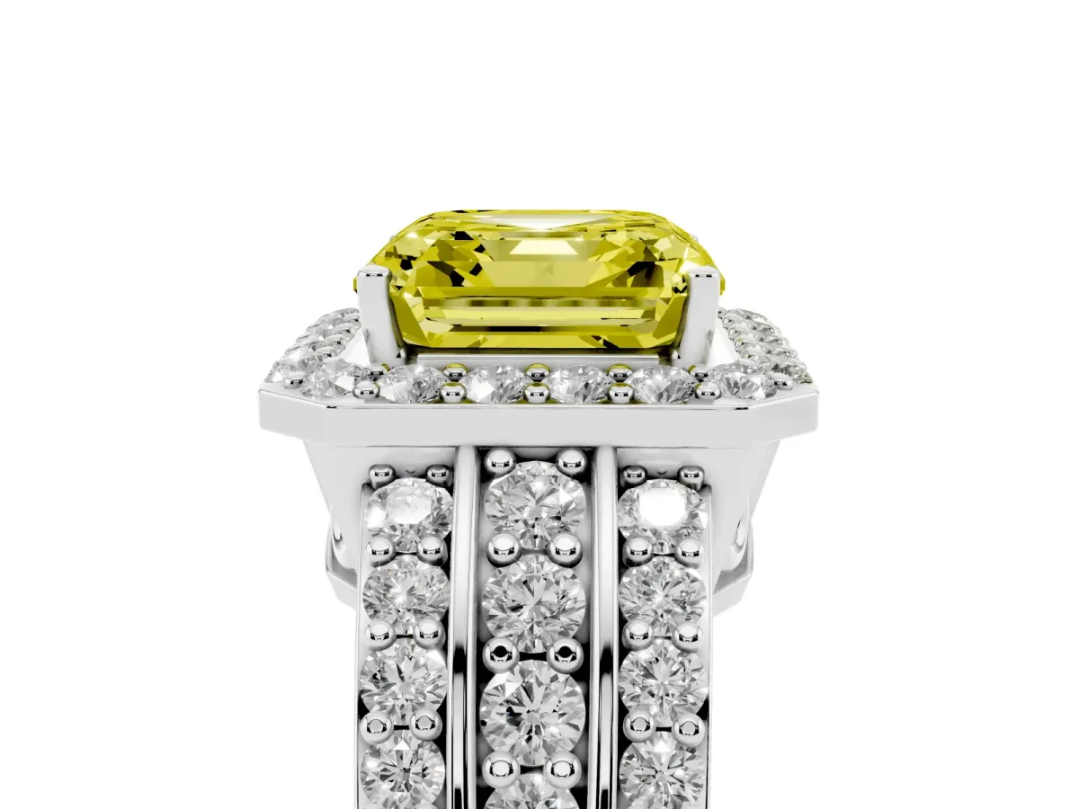 Fancy Yellow Asscher Cut Halo Diamond Ring with Round Split Shank and Prong Setting Platinum