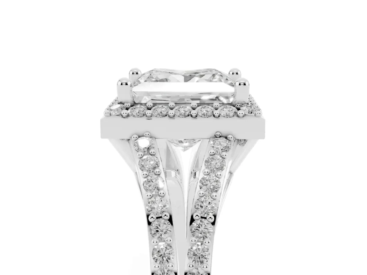 Princess Cut Halo Split Shank Diamond Ring with Prong Setting Silver