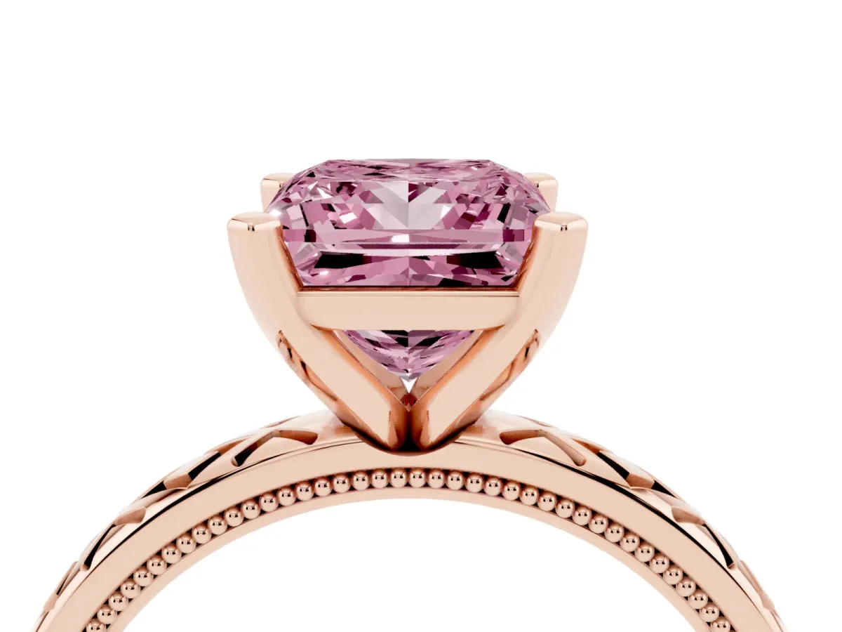 Fancy Pink Princess Cut Solitaire Diamond Ring with Milgrain and Black Enamel X Pattern Band Rose gold