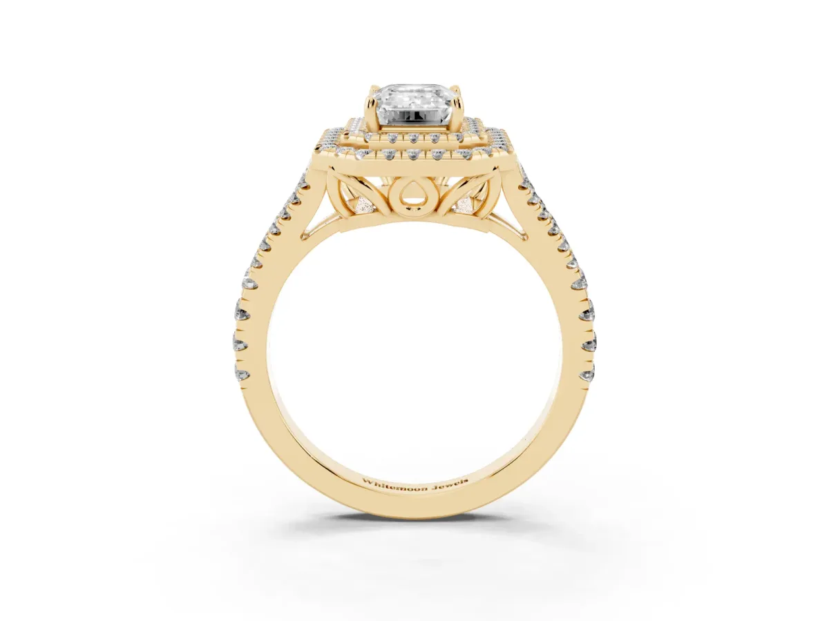 Emerald Cut Diamond Double Halo Ring with Pavé Band and Prong Setting Yellow gold