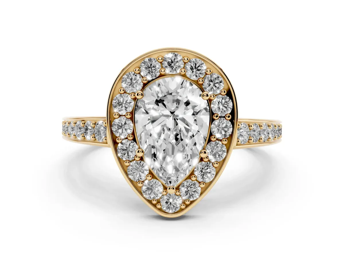 Pear Cut Halo Pavé Diamond Engagement Ring with Bezel Setting Yellow gold