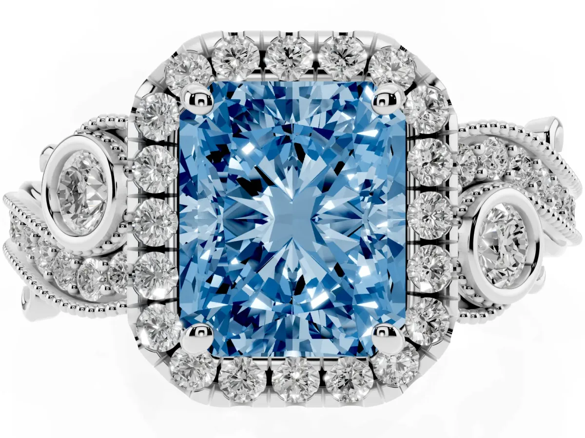 Fancy Blue Radiant Cut Diamond Halo Ring with Milgrain Pavé Band and Four-Prong Setting Silver