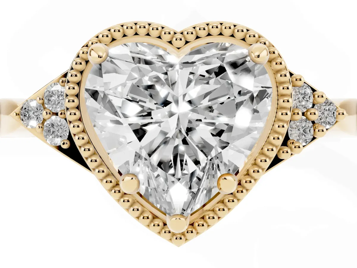 Hexagonal Halo Heart Cut Diamond Solitaire with Pavé Band and Four-Prong Setting Yellow gold