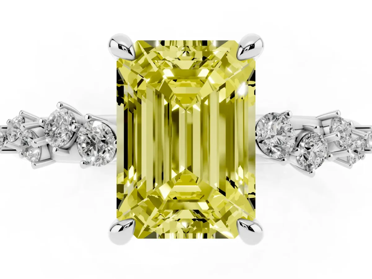Fancy Yellow Emerald Cut Cut Diamond Vine Band with Four-Prong Setting Platinum